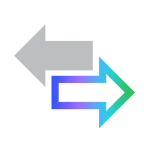 Two overlapping arrows pointing in opposite directions, one gray and one gradient blue to green.