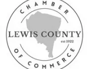 Logo of Lewis County Chamber of Commerce featuring a circular design with a map outline in the center. The text 'Lewis County' is overlaid on the map, with 'Chamber of Commerce' around the circle's border and 'est 1922' beside the map.