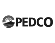 Black and white logo of PEDCO featuring a circular design with mountains and a city skyline.