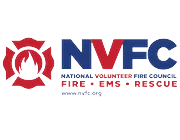 Official logo of the National Volunteer Fire Council featuring a red fire emblem and the initials NVFC, with text indicating fire, EMS, and rescue services and the website nvfc.org.